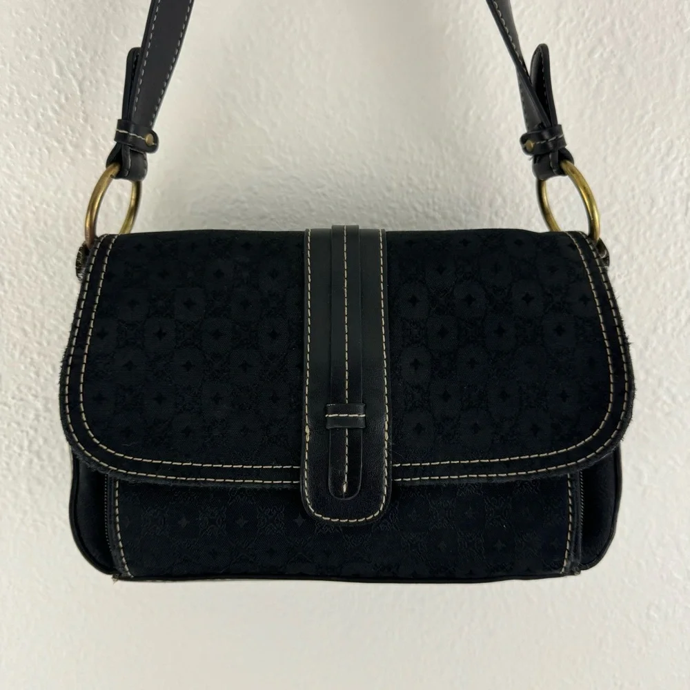 LIZ CLAIBORNE Vintage 90s Black Faux Leather Fabric Flap Over Shoulder Bag Purse